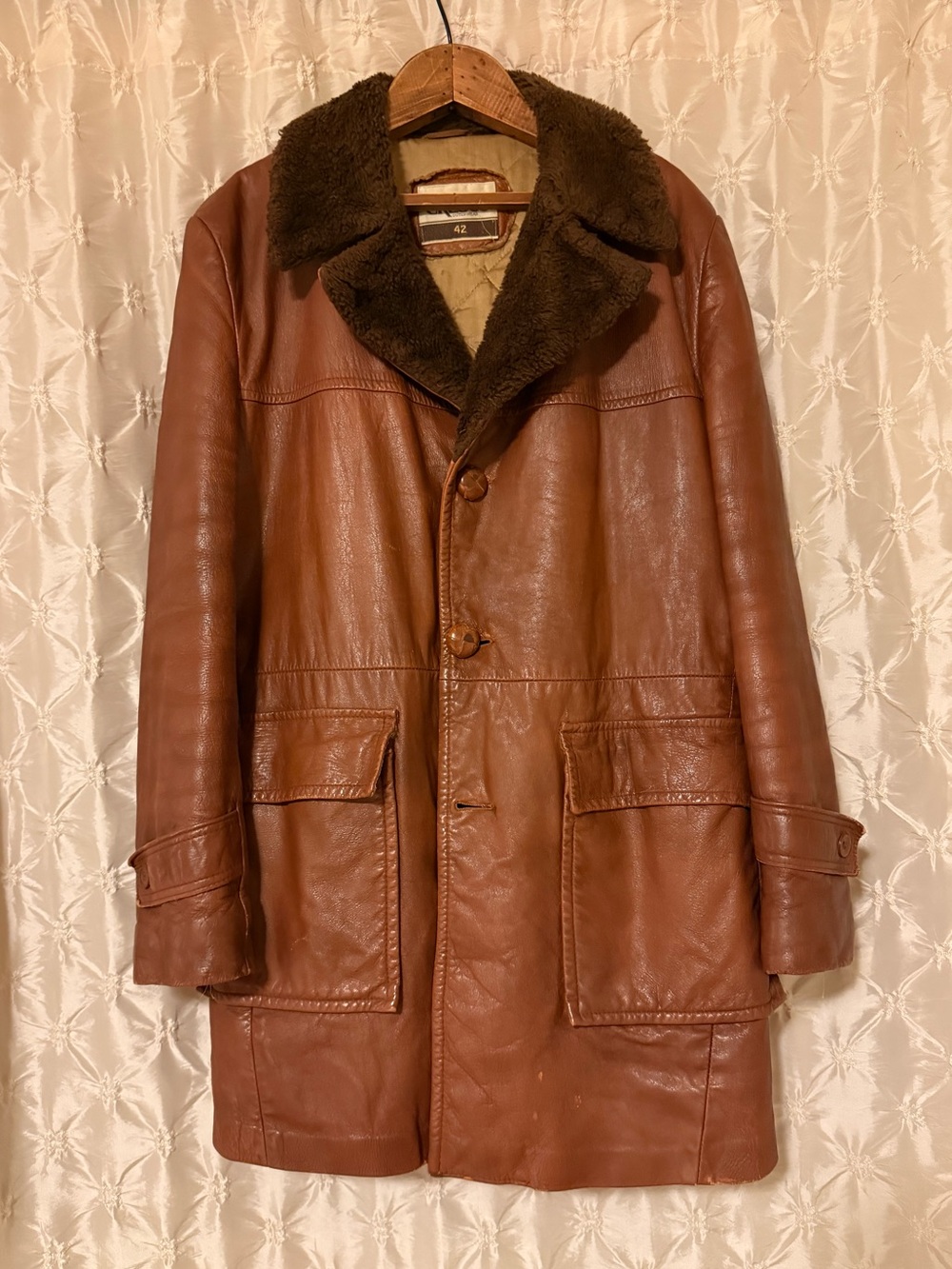 Vintage 70s Leather Trench Coat Faux Shearling Collar Fur Trim Mens 42 Brown